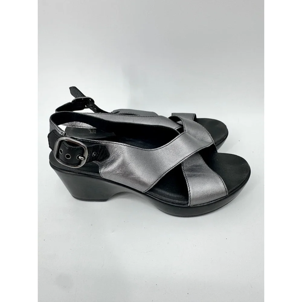 Dansko Sandal Women 37 Silver Metallic Leather Platform Wedge Slingback